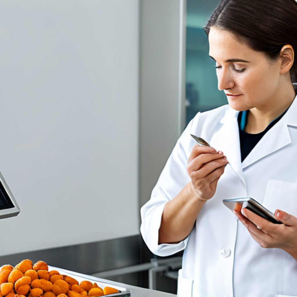 A professional food scientist in a clean, modest lab coat over appropriate business casual attire, standing in a brightly lit, modern food quality control laboratory. She is carefully examining a bowl of high-quality dried apricots and pistachios, holding a magnifying glass to inspect the natural texture. The background features subtle stainless steel equipment, conveying precision and purity. Perfect anatomy, correct proportions, natural pose, well-formed hands, proper finger count, natural body proportions, professional photography, high resolution, safe for work, appropriate content, fully clothed, family-friendly.