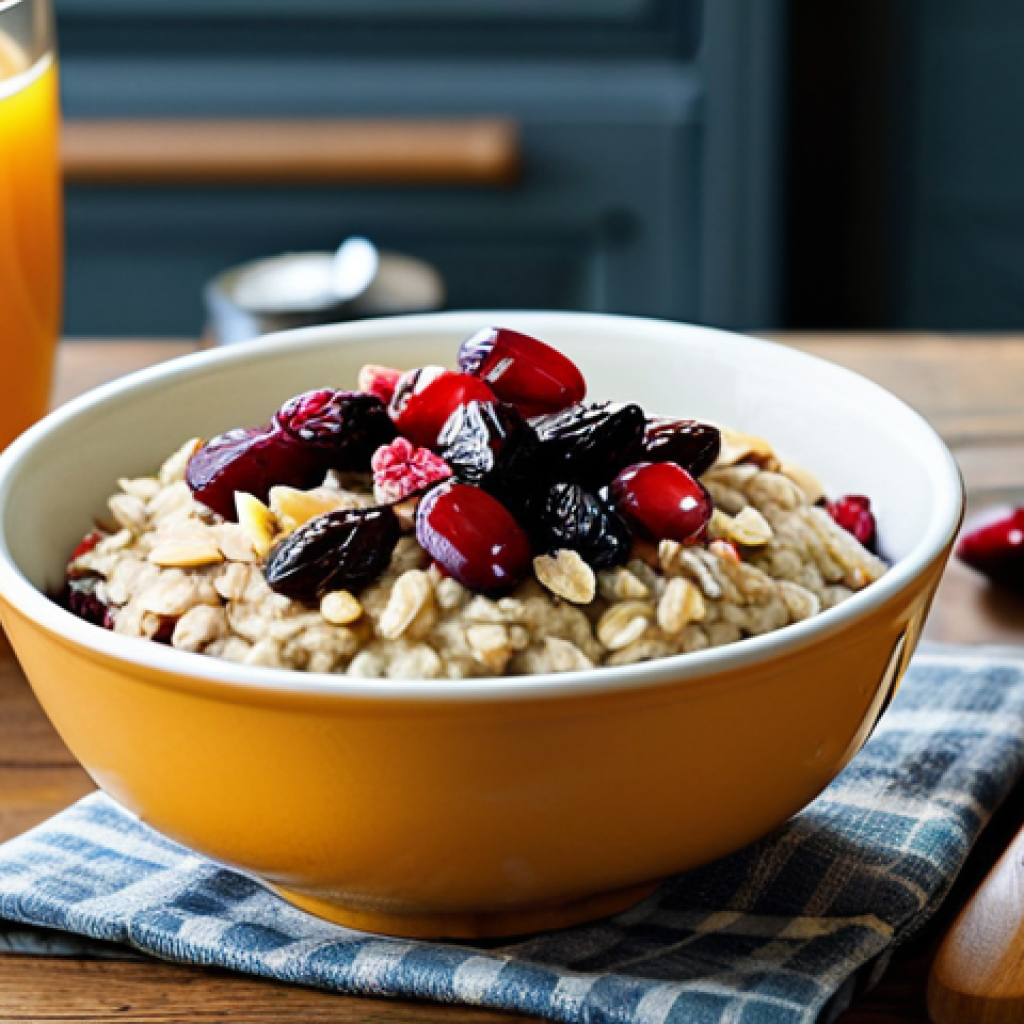 **

A vibrant breakfast scene featuring a bowl of oatmeal topped with a colorful assortment of dried cranberries, raisins, and chopped dates. The bowl sits on a rustic wooden table. In the background, a glass of fresh orange juice and a cozy kitchen setting are visible. Fully clothed, appropriate content, safe for work, perfect anatomy, natural proportions, professional photography, high quality, family-friendly, modest.

**