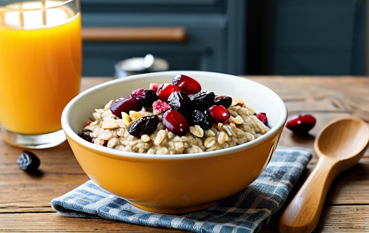 **

A vibrant breakfast scene featuring a bowl of oatmeal topped with a colorful assortment of dried cranberries, raisins, and chopped dates. The bowl sits on a rustic wooden table. In the background, a glass of fresh orange juice and a cozy kitchen setting are visible. Fully clothed, appropriate content, safe for work, perfect anatomy, natural proportions, professional photography, high quality, family-friendly, modest.

**