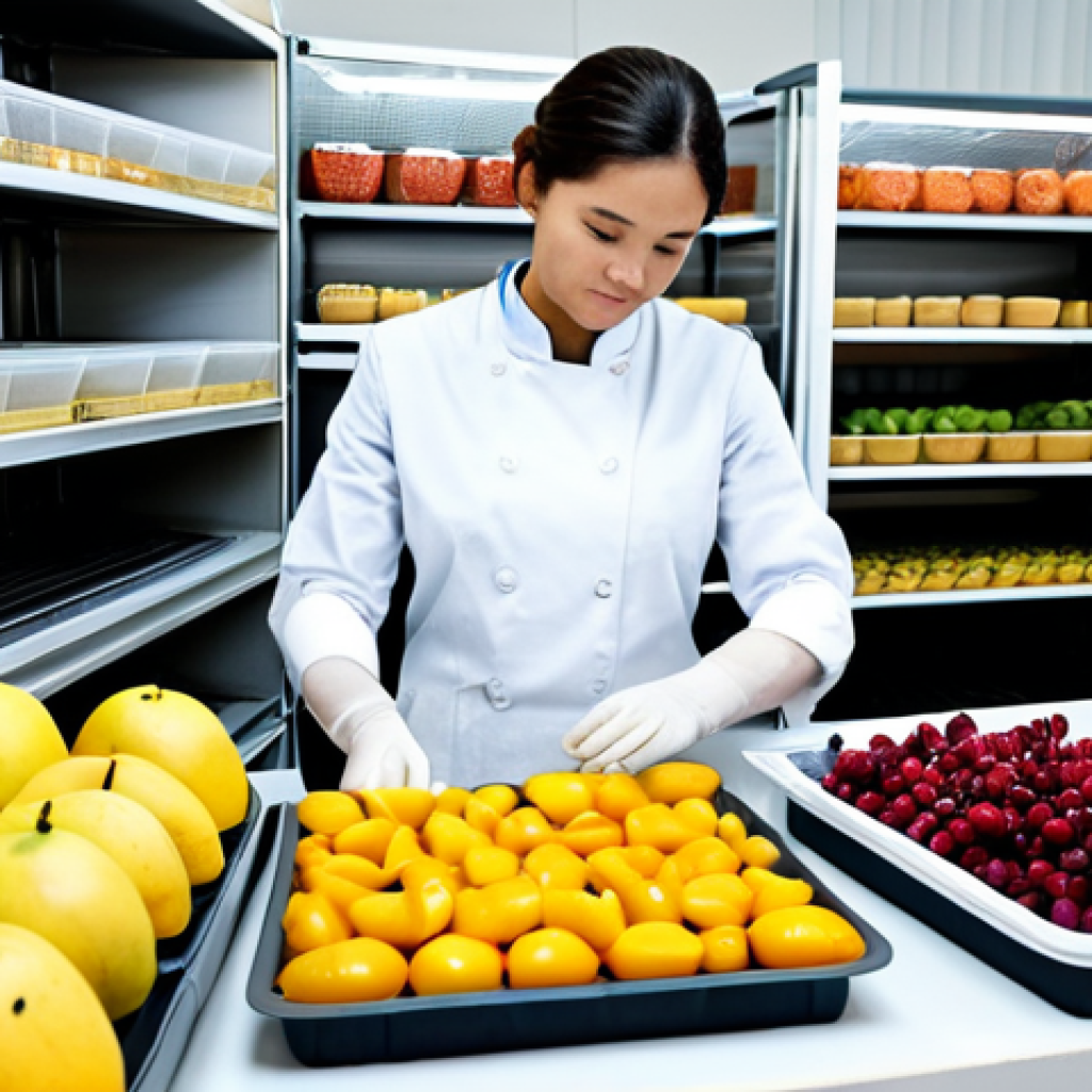 Deshydrated Fruit Workshop Scene**

A bright and airy workshop filled with various fruits and vegetables being prepared for dehydration. A woman in professional attire, fully clothed, is carefully arranging slices of mangoes on trays. A dehydrator machine is in the background. Jars of finished deshydrated products are arranged on shelves. Safe for work, appropriate content, family-friendly, perfect anatomy, correct proportions, well-formed hands, natural pose, professional, high quality.

**