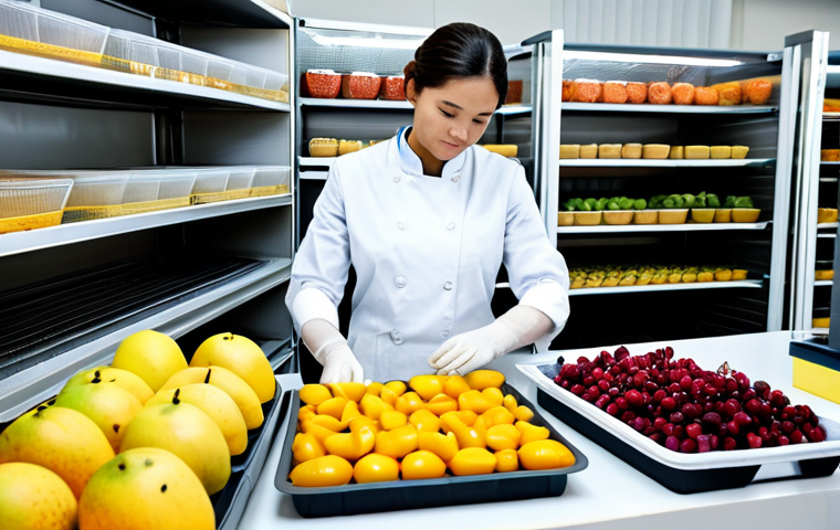 Deshydrated Fruit Workshop Scene**

A bright and airy workshop filled with various fruits and vegetables being prepared for dehydration. A woman in professional attire, fully clothed, is carefully arranging slices of mangoes on trays. A dehydrator machine is in the background. Jars of finished deshydrated products are arranged on shelves. Safe for work, appropriate content, family-friendly, perfect anatomy, correct proportions, well-formed hands, natural pose, professional, high quality.

**