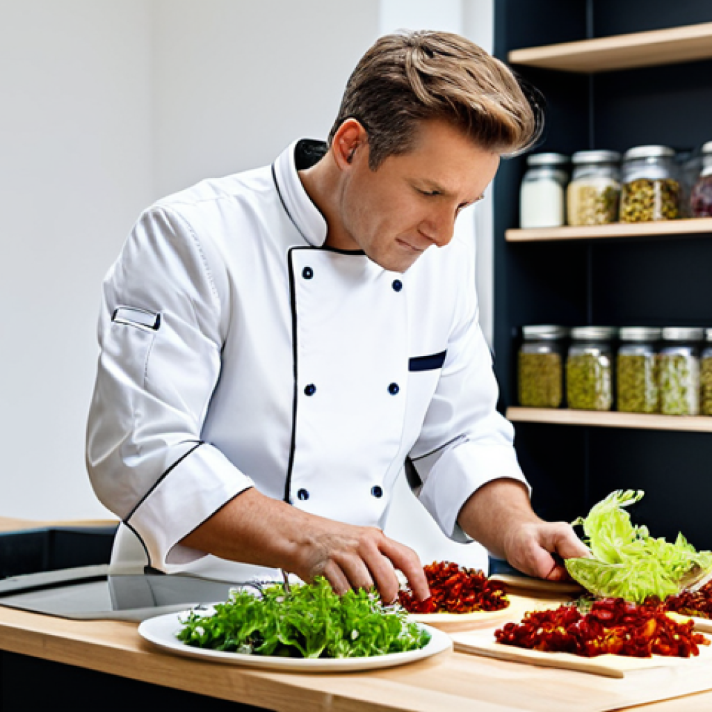 Modern Kitchen Scene**

"A bright, modern kitchen. A chef, fully clothed in a professional chef's coat, is arranging a colourful salad. The salad features rehydrated sun-dried tomatoes, dried cranberries, and crisp dehydrated apple chips. Jars of various dehydrated ingredients (herbs, mushrooms, vegetables) are visible on shelves in the background.  Natural lighting, clean presentation, perfect anatomy, correct proportions, well-formed hands, proper finger count, natural body proportions, safe for work, appropriate content, fully clothed, professional food photography, high quality, modest setting."

**