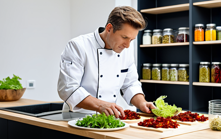 Modern Kitchen Scene**

"A bright, modern kitchen. A chef, fully clothed in a professional chef's coat, is arranging a colourful salad. The salad features rehydrated sun-dried tomatoes, dried cranberries, and crisp dehydrated apple chips. Jars of various dehydrated ingredients (herbs, mushrooms, vegetables) are visible on shelves in the background.  Natural lighting, clean presentation, perfect anatomy, correct proportions, well-formed hands, proper finger count, natural body proportions, safe for work, appropriate content, fully clothed, professional food photography, high quality, modest setting."

**