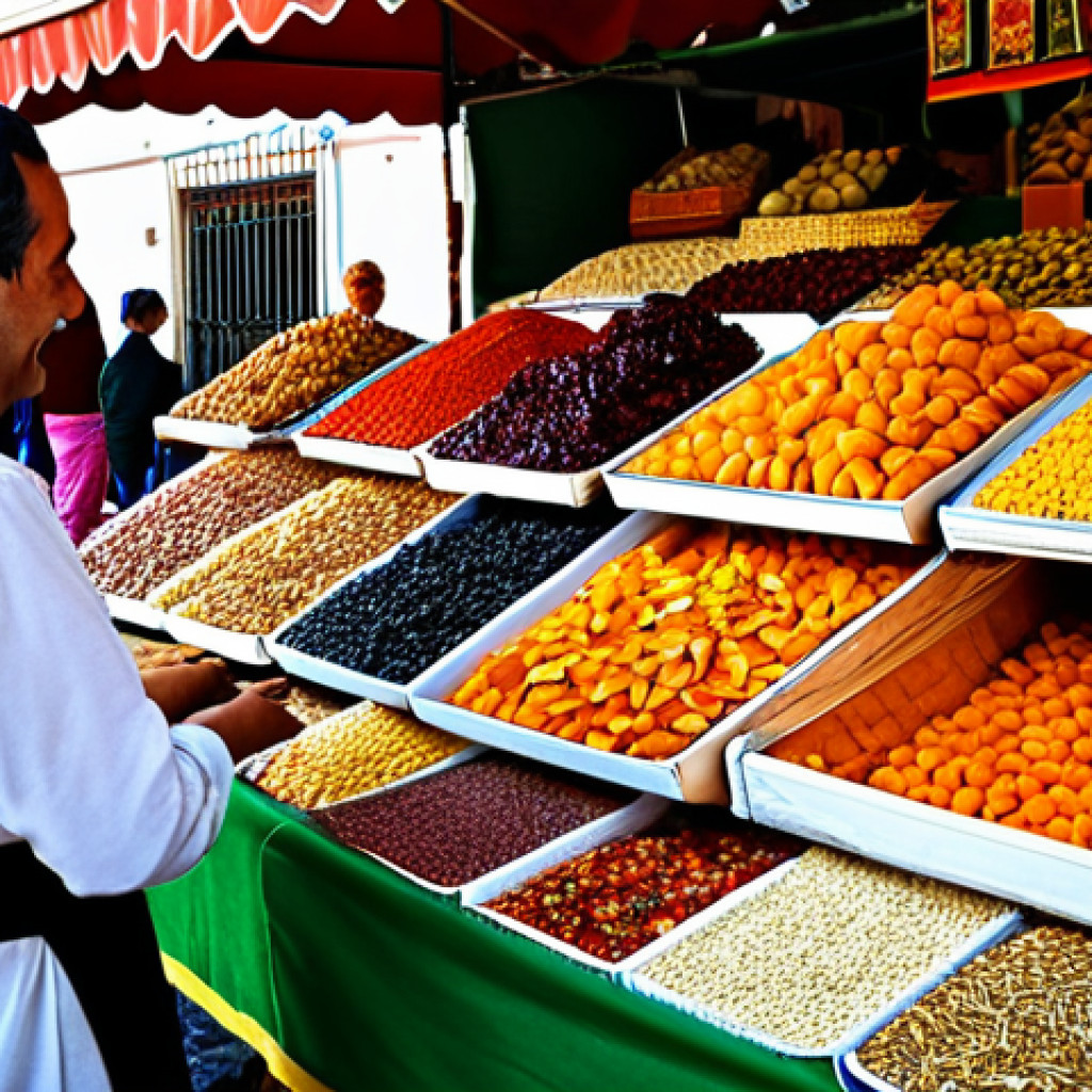 **

A vibrant market stall in Seville, Spain, overflowing with colorful dried fruits and herbs. A friendly vendor, fully clothed in traditional Andalusian attire, is assisting a customer. Safe for work, appropriate content, fully clothed, professional photography, perfect anatomy, natural proportions, family-friendly.

**