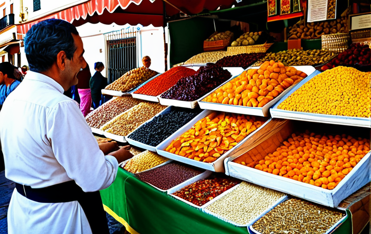 **

A vibrant market stall in Seville, Spain, overflowing with colorful dried fruits and herbs. A friendly vendor, fully clothed in traditional Andalusian attire, is assisting a customer. Safe for work, appropriate content, fully clothed, professional photography, perfect anatomy, natural proportions, family-friendly.

**