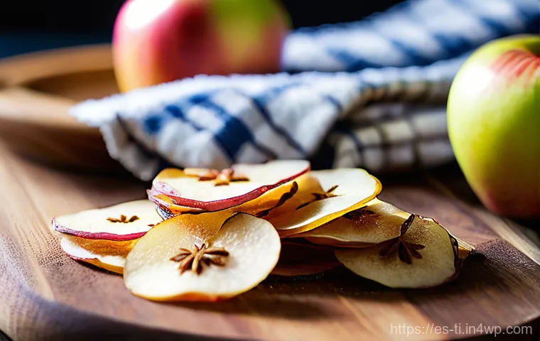 맛있고 건강한 건조 식품 만들기 비법 - **Prompt 1: Golden Cinnamon Apple Chips**
    A vibrant, close-up shot of perfectly dehydrated, thin...