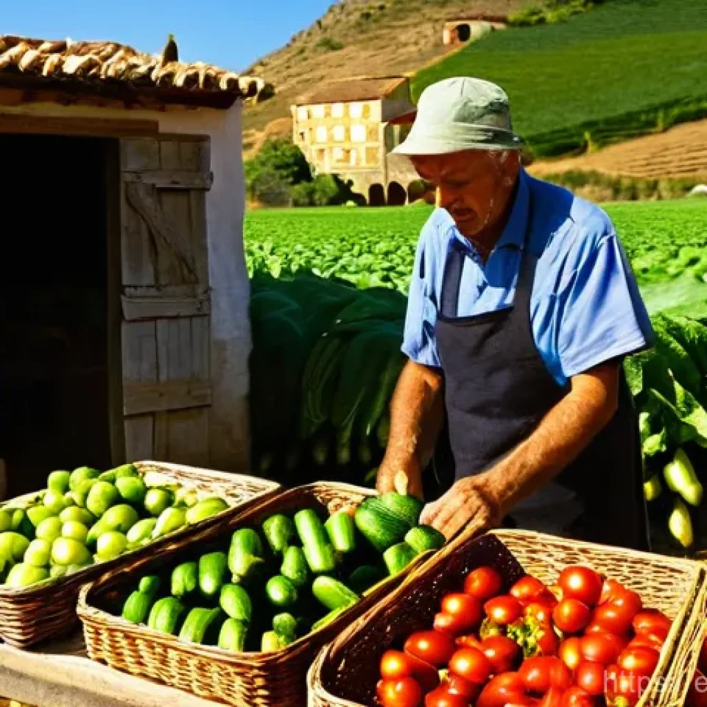 건조 식품 제조의 부가가치 창출 방법 - **Prompt: Sustainable Harvest & Preparation**
    "A vibrant, eye-level close-up of a Spanish farmer...