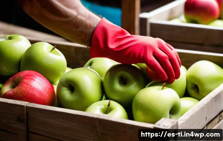 건조 식품 제조 시 주의사항 및 문제 해결 - A highly detailed close-up of fresh apples being carefully selected for dehydration, showcasing vibr...