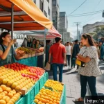 건조 식품의 시장 조사와 소비자 분석 - A vibrant urban market scene in Mexico City featuring a colorful stall with assorted dehydrated frui...