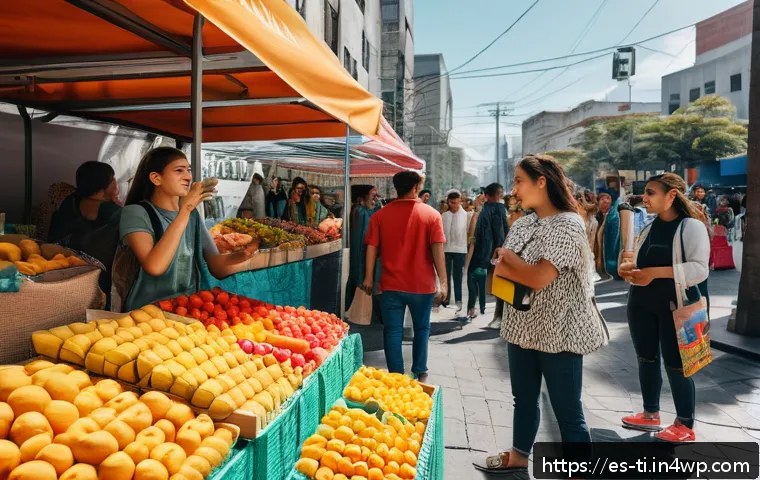 건조 식품의 시장 조사와 소비자 분석 - A vibrant urban market scene in Mexico City featuring a colorful stall with assorted dehydrated frui...