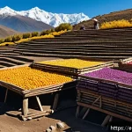 건조 식품 제조의 문화적 배경 탐구 - A traditional Andean outdoor scene at high altitude with indigenous farmers drying colorful potatoes...