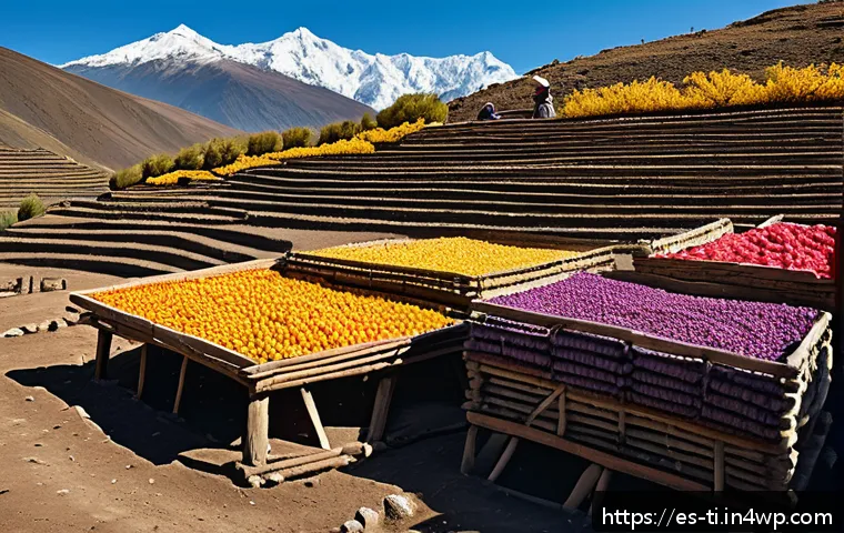 건조 식품 제조의 문화적 배경 탐구 - A traditional Andean outdoor scene at high altitude with indigenous farmers drying colorful potatoes...